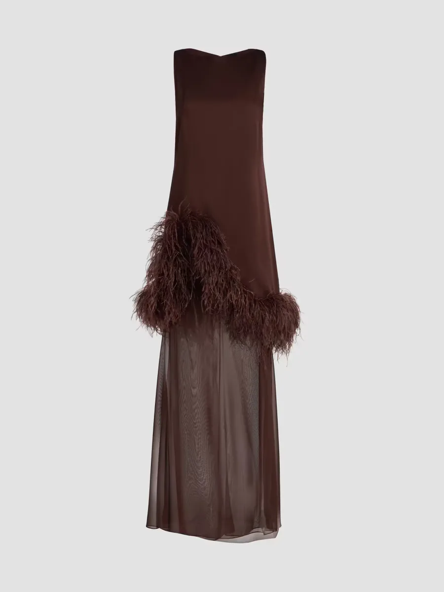 Satin Feather-Trim Sleeveless Shift Dress by LaPointe