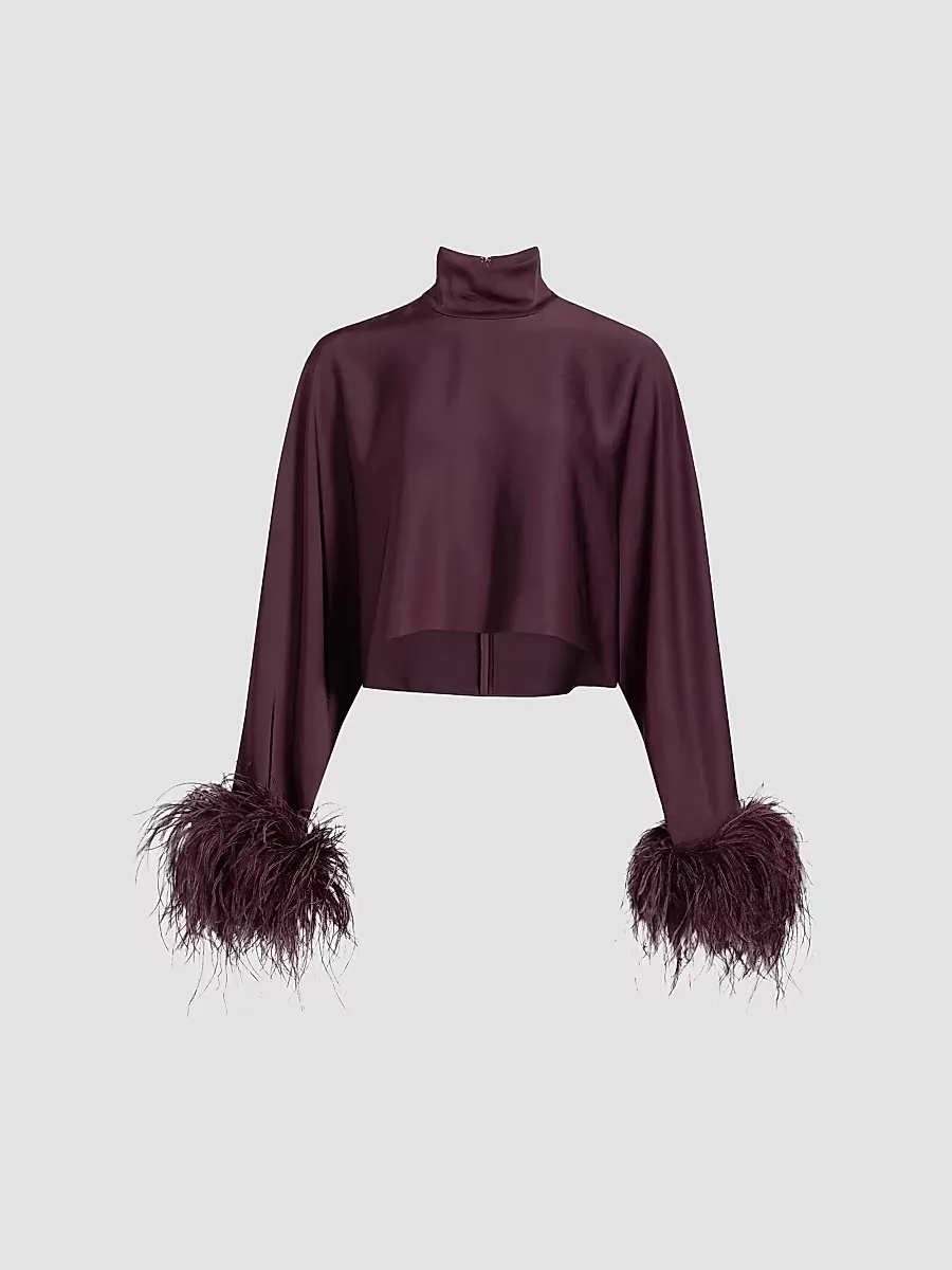 Feather Trim Satin Long-Sleeve Crop Top by LaPointe