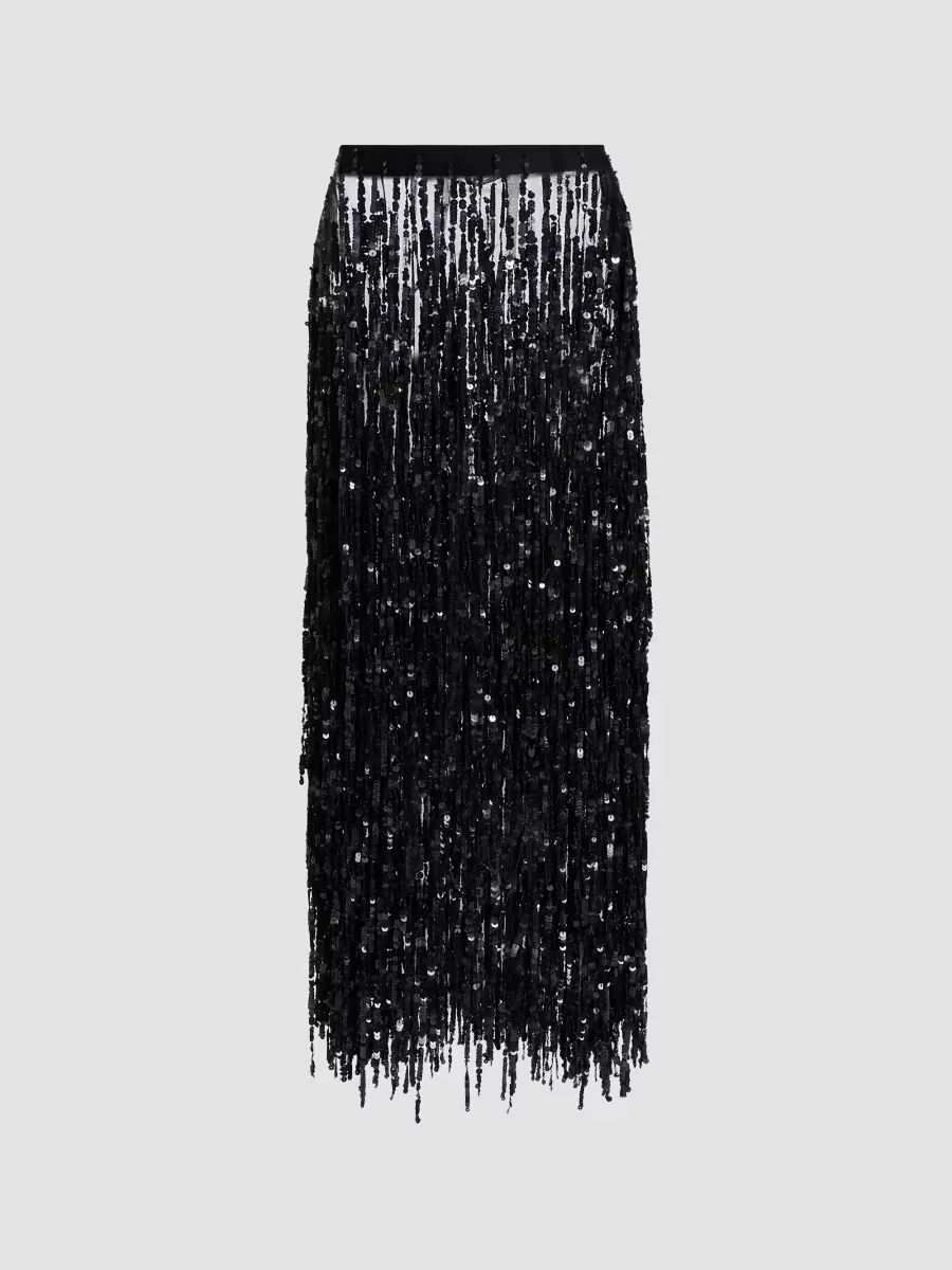 Re-Edition Sequin-Fringed Pencil Maxi Skirt by LaPointe