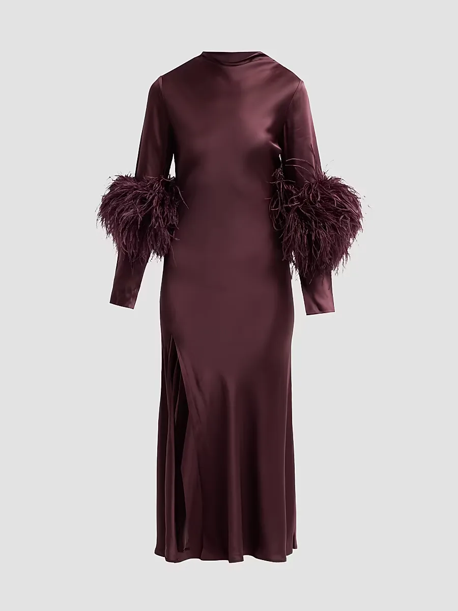 Feather-Cuff Satin Midi-Dress by LaPointe