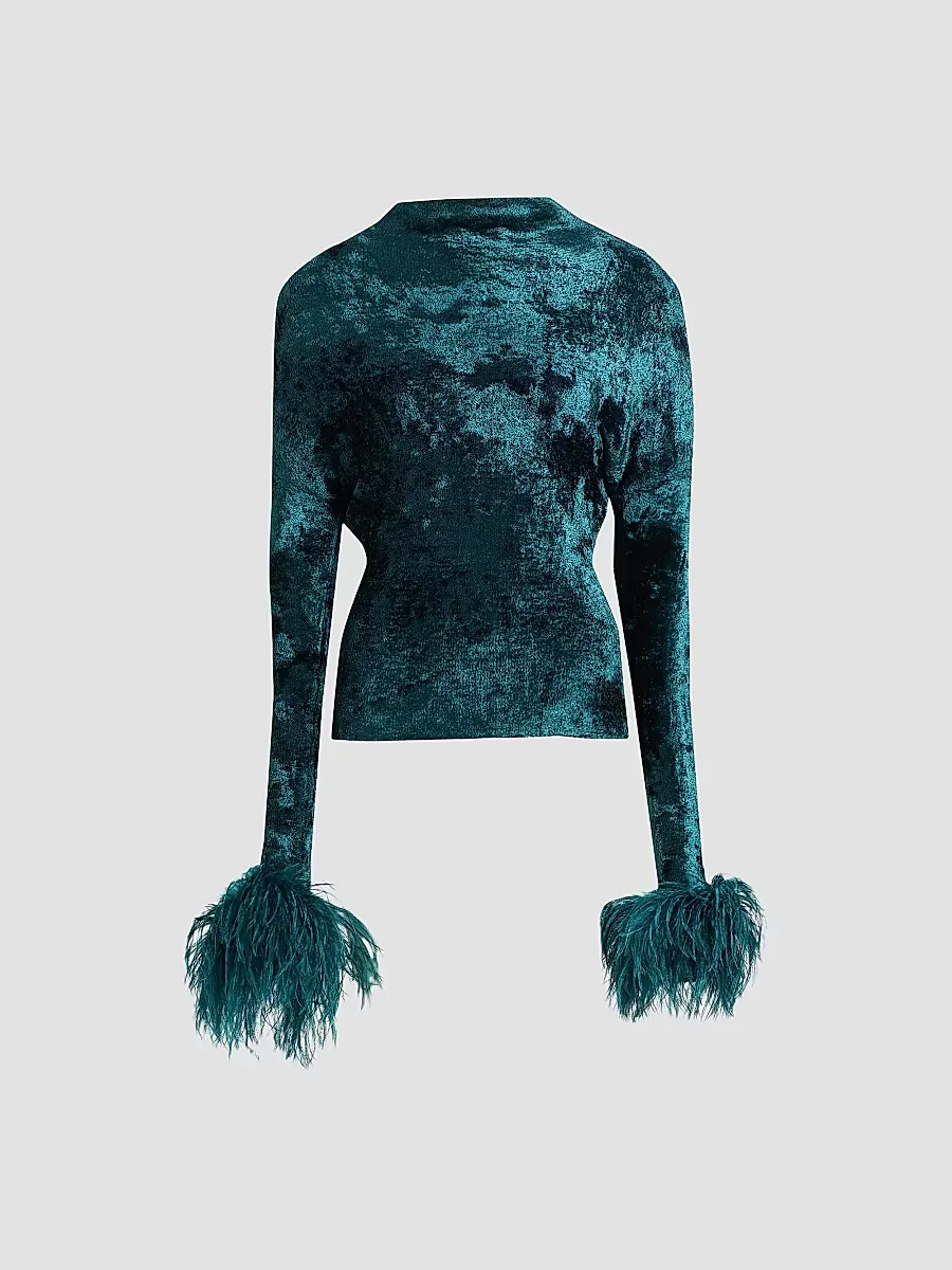 Feather-Cuff Velvet Top by LaPointe