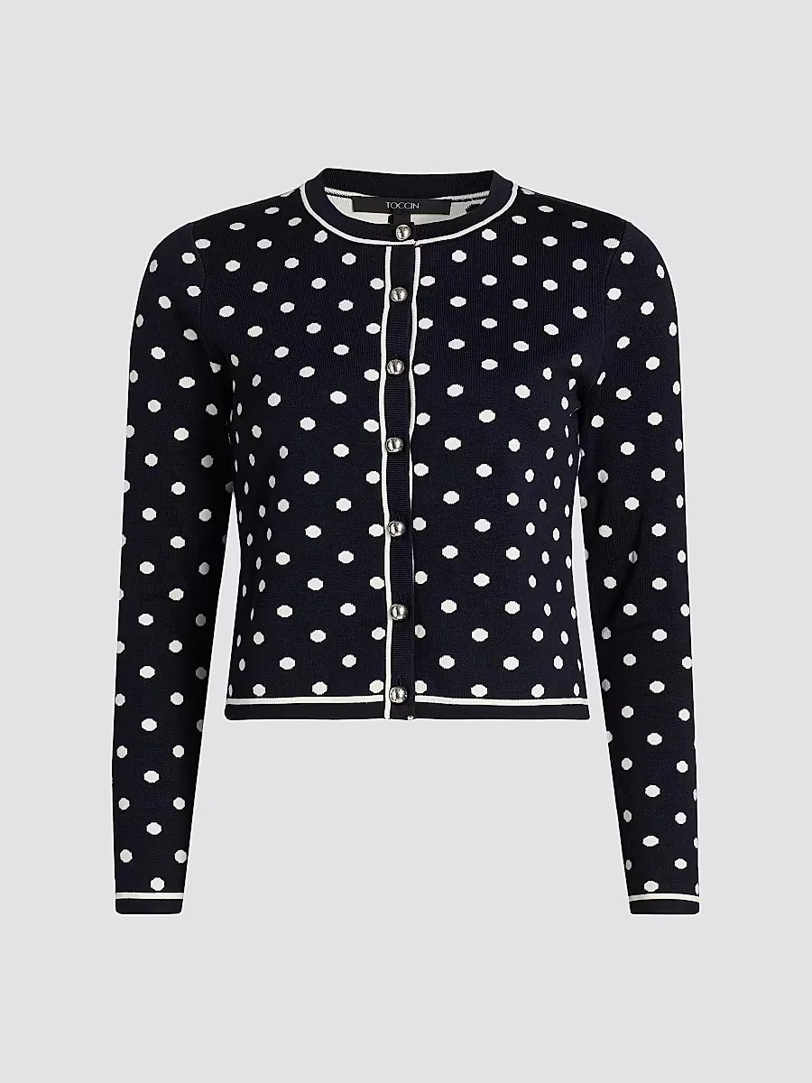 Xandra Polka Dot Silk-Blend Crewneck Cardigan by Toccin