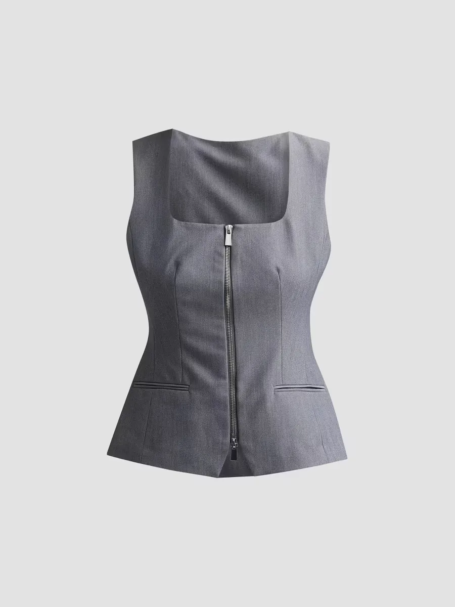 Yara Melange Suiting Zip Vest - Steel by Toccin