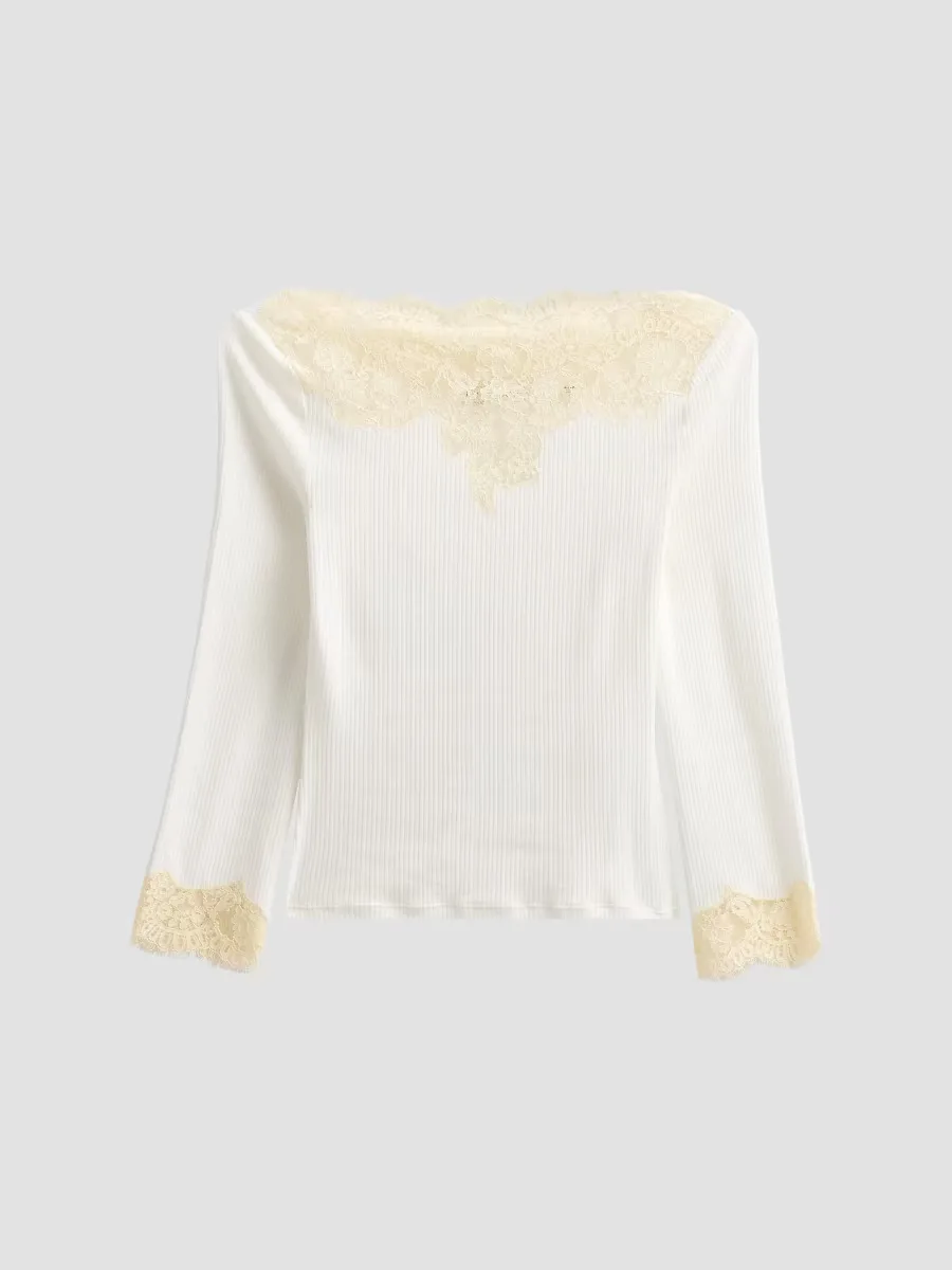 Riana Lace-Trim Rib-Knit T-Shirt