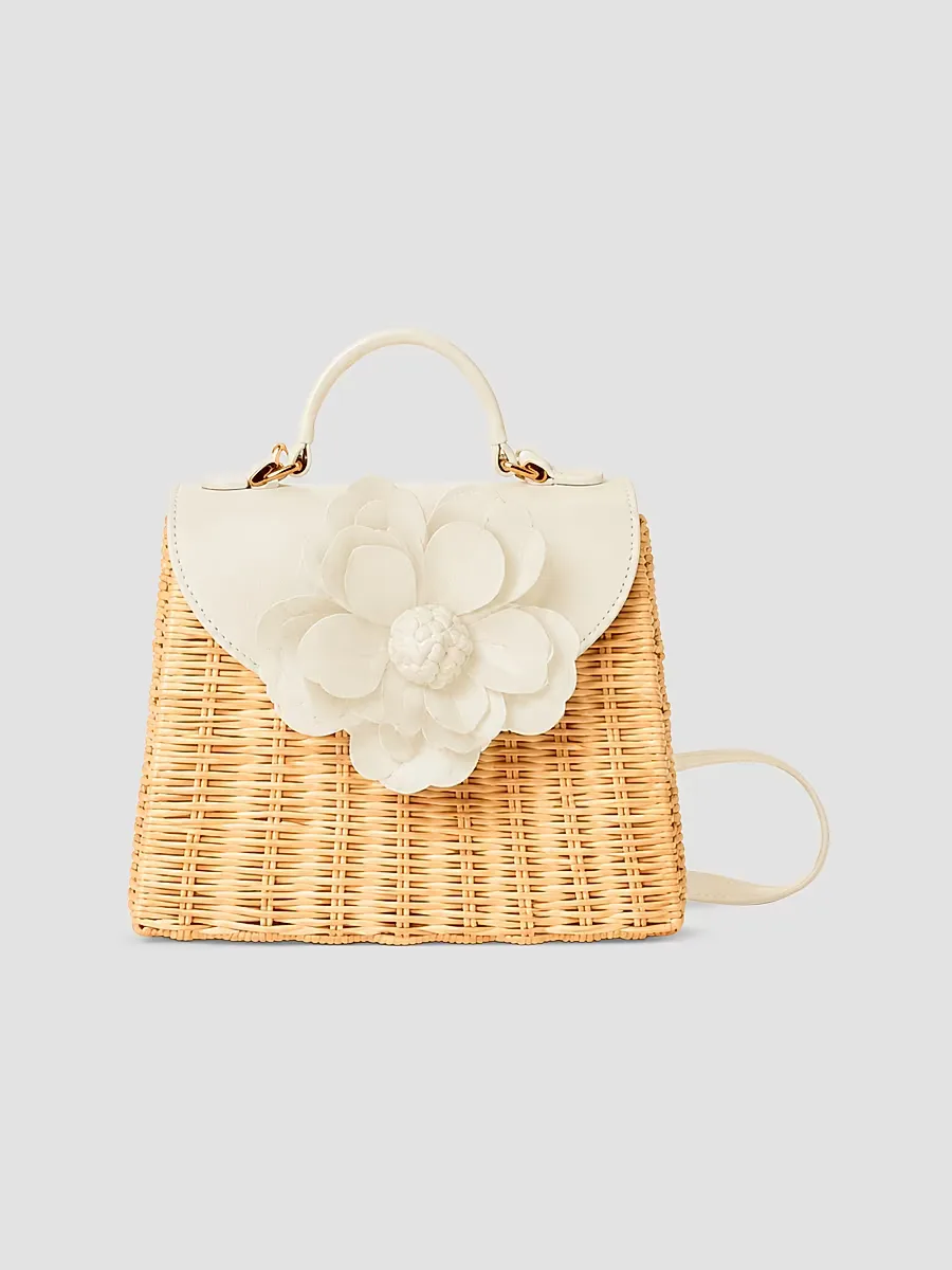 Melody Flower-Appliqu Rattan Top Handle Bag by BTB Los Angeles