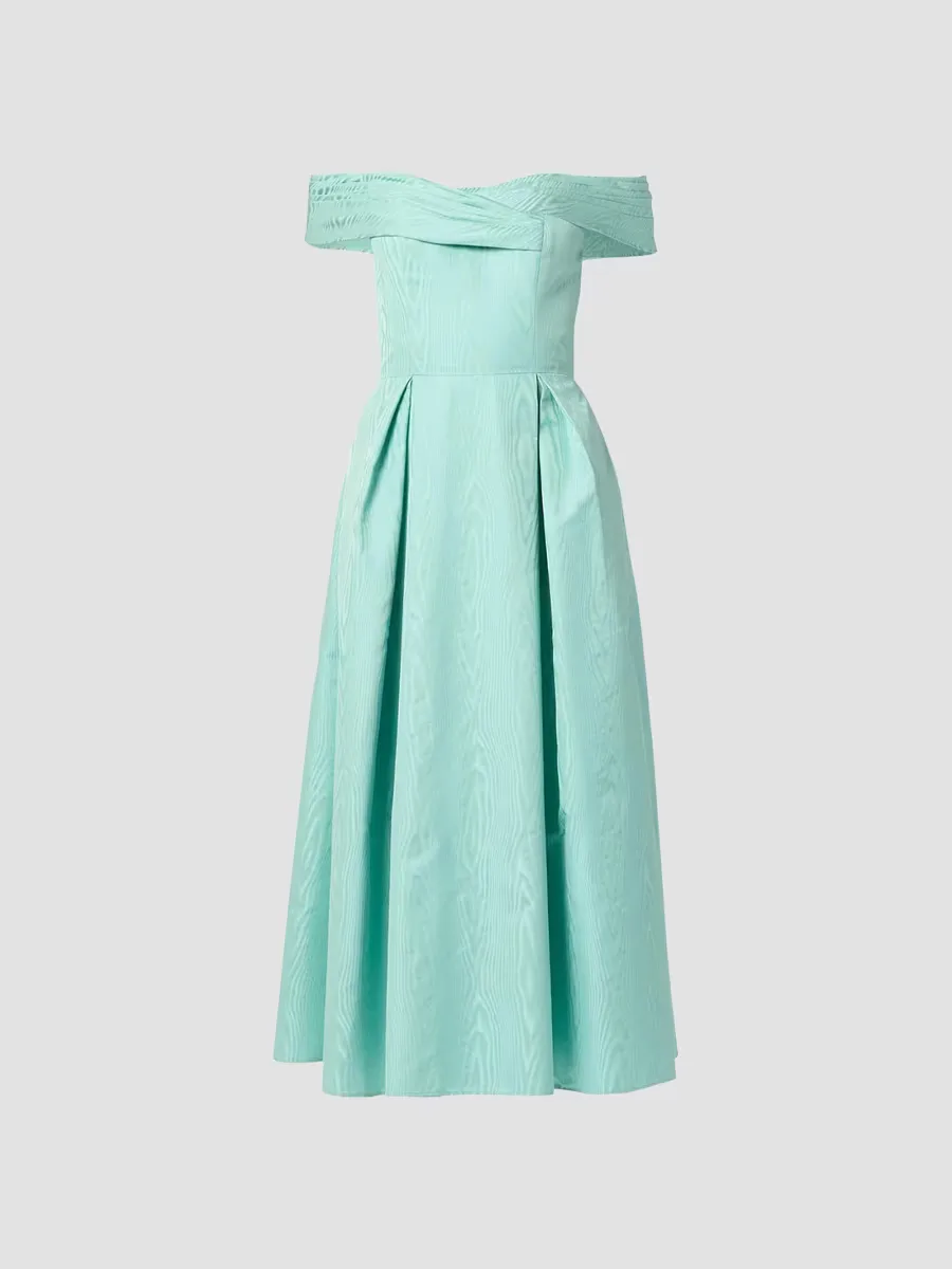 June Pleated Off-Shoulder Midi-Dress by Shoshanna