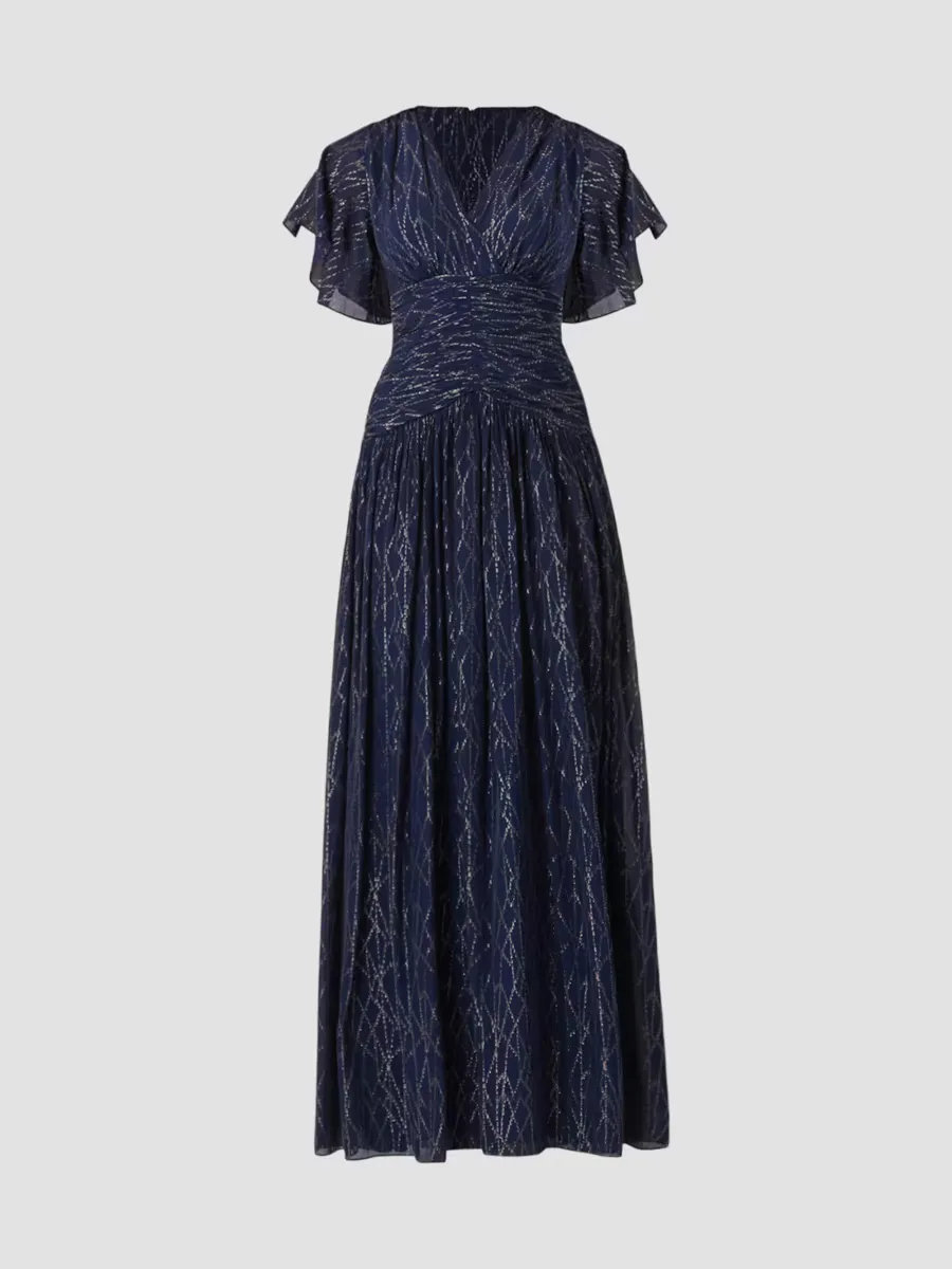 Lilly Abstract Metallic Chiffon Surplice Maxi Dress