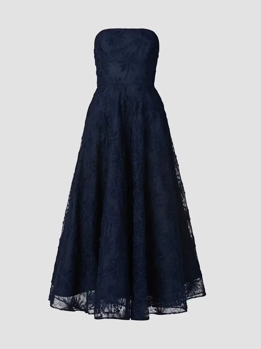 McCall Floral Embroidered Strapless Tea-Length Dress by Shoshanna