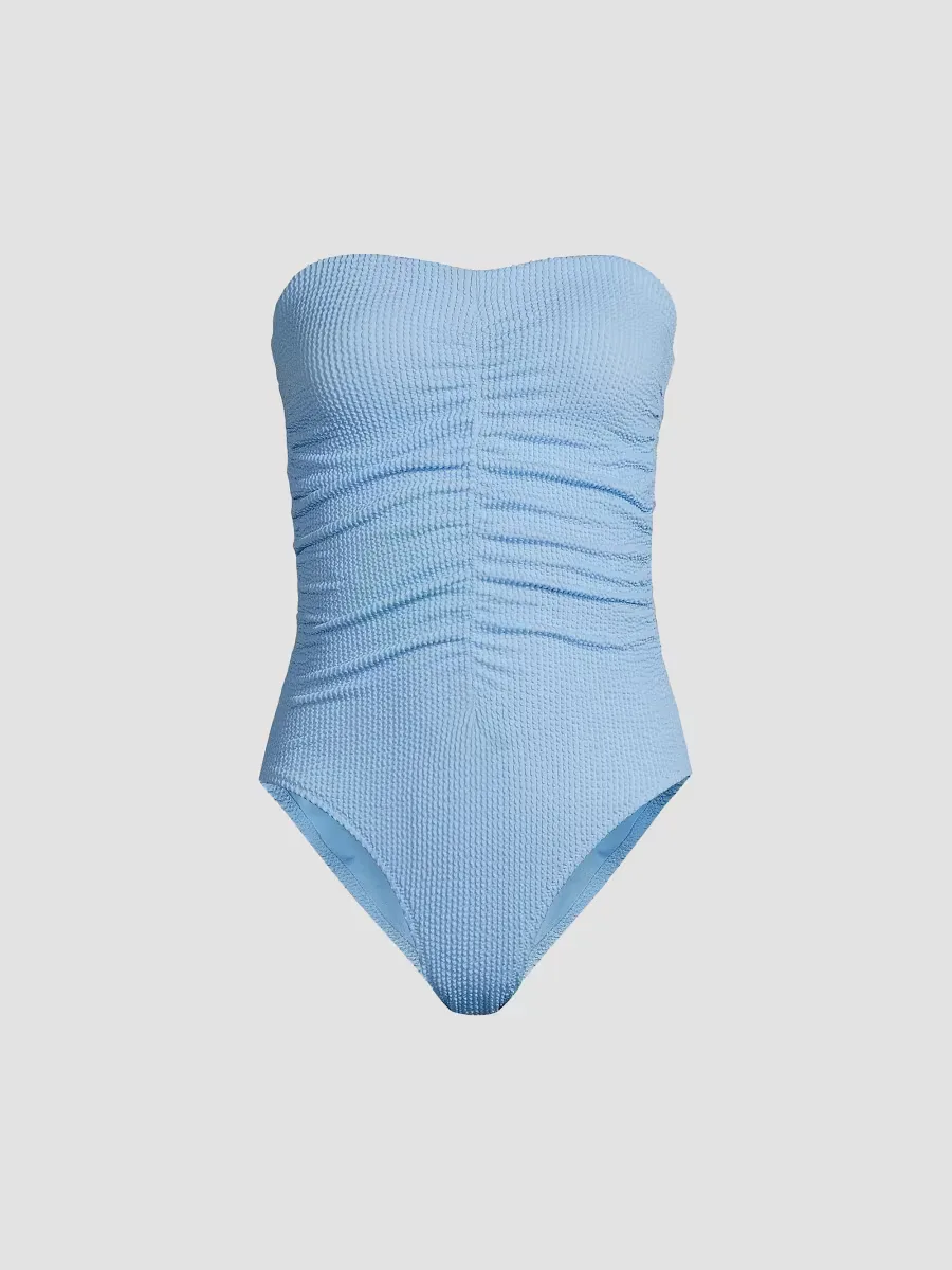 Textured Ruched Strapless One-Piece Swimsuit by Milly