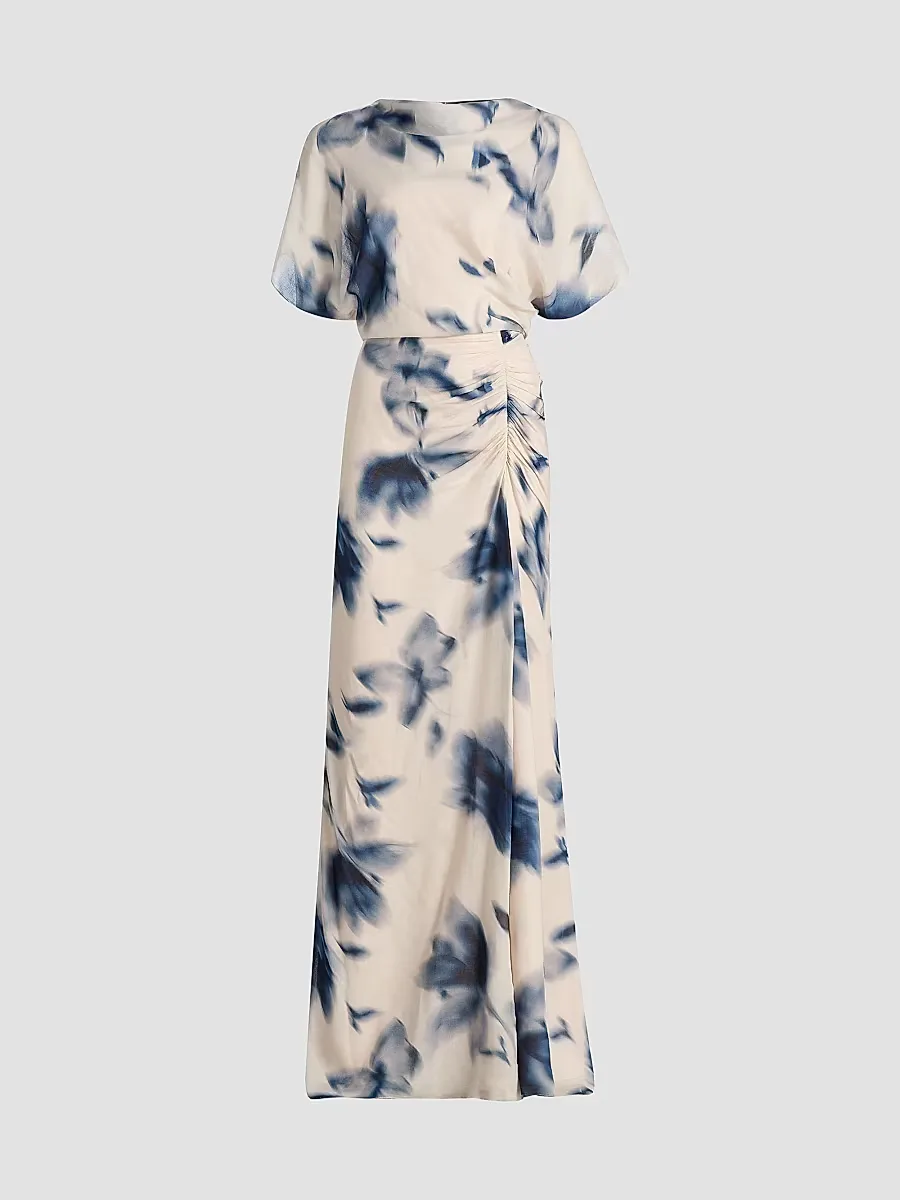 Blurred Floral Draped A-Line Gown