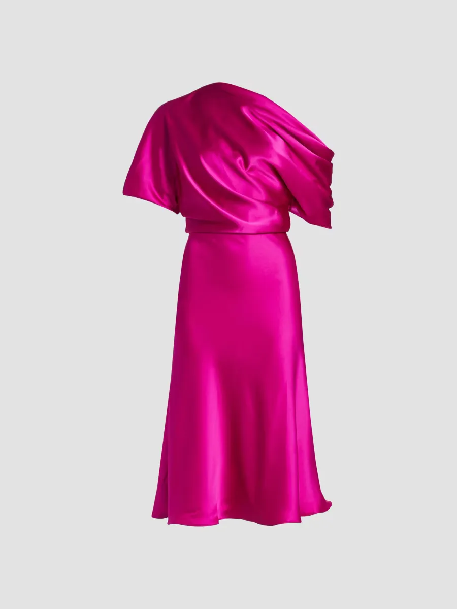 Draped Satin One-Shoulder Midi-Dress by Amsale