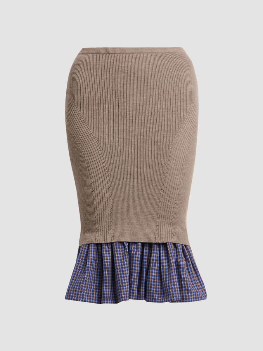 Contrast-Hem Rib-Knit Wool Pencil Skirt by Moschino