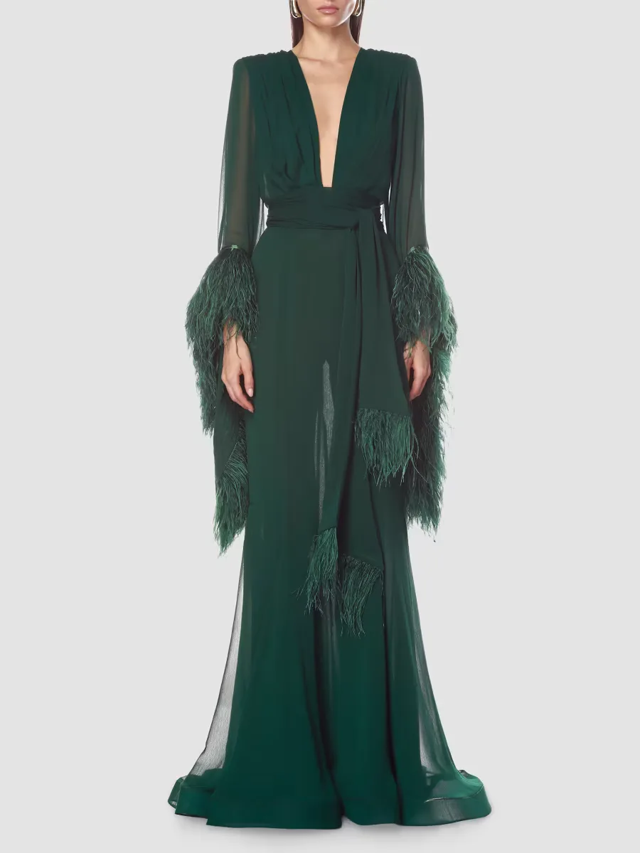 Geisha Feather-Trim Chiffon Gown by Bronx Banco