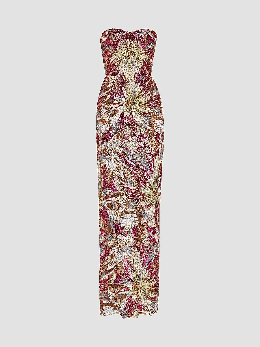 Dahlia Floral-Sequined Strapless Gown by Bronx Banco