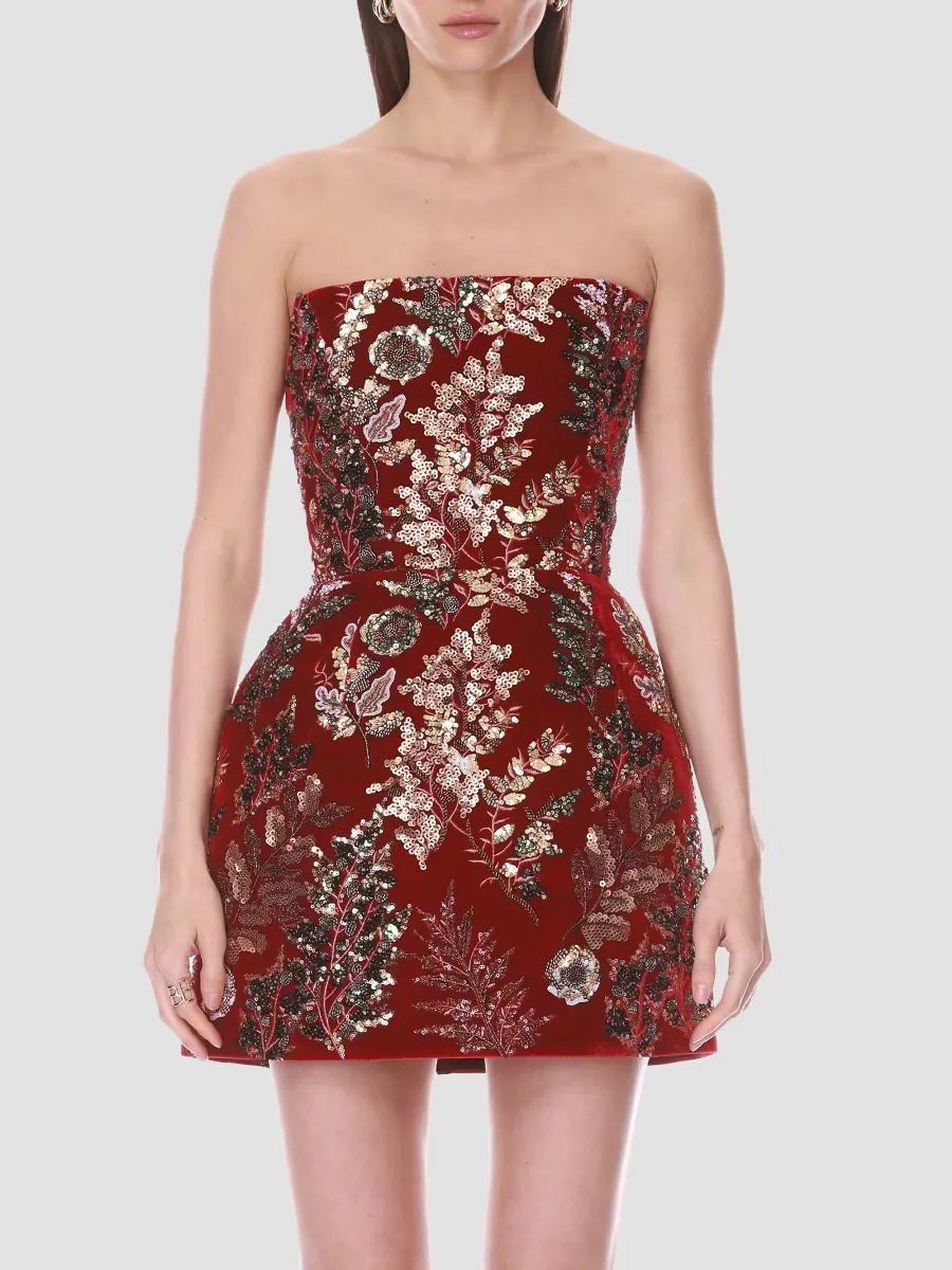 Embellished Velvet Fit & Flare Strapless Mini Dress by Bronx Banco