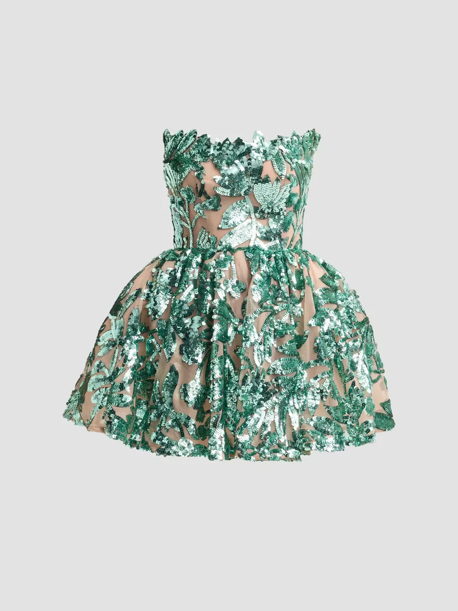 Chloe Sequined Floral Strapless Mini Dress