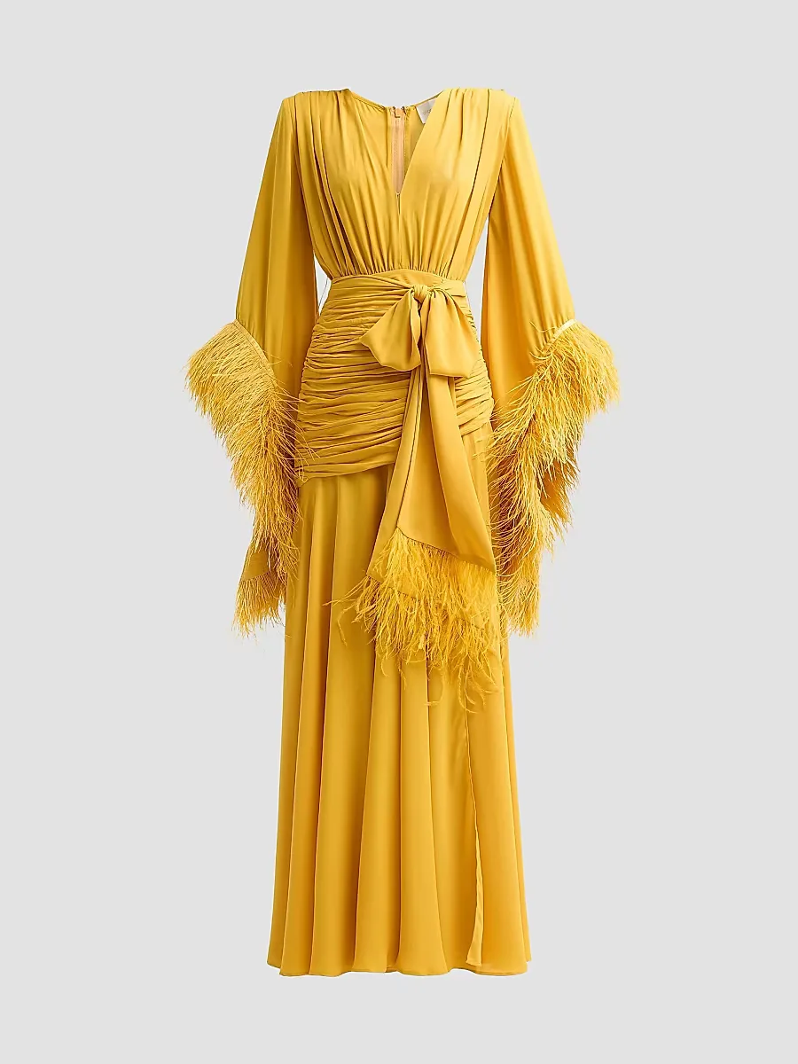 Geisha Ruched Feather-Trimmed Maxi Dress by Bronx Banco