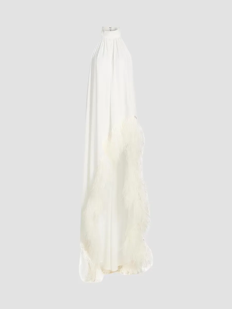 Madeline Feather-Trim Halterneck Gown by Bronx Banco