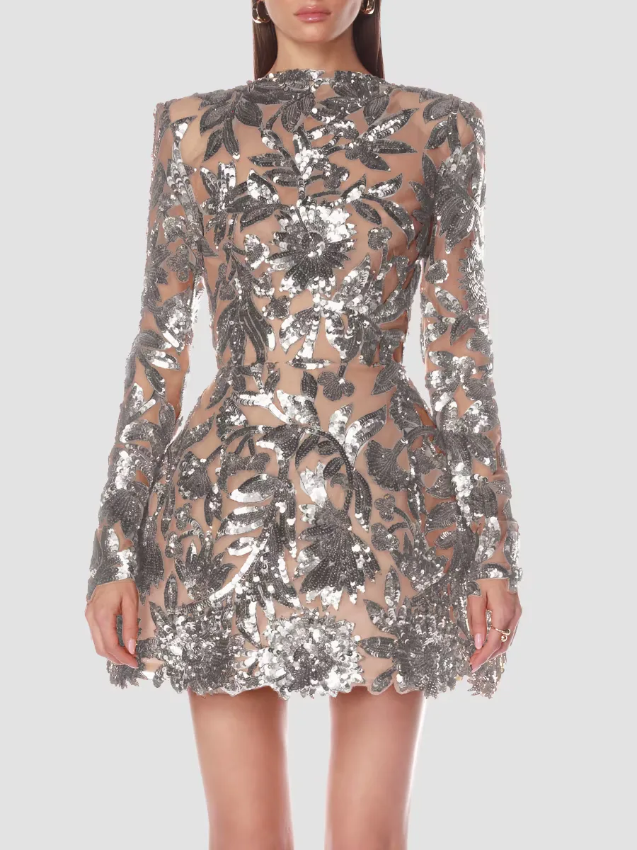 Sequined Floral Long-Sleeve Mini Dress by Bronx Banco
