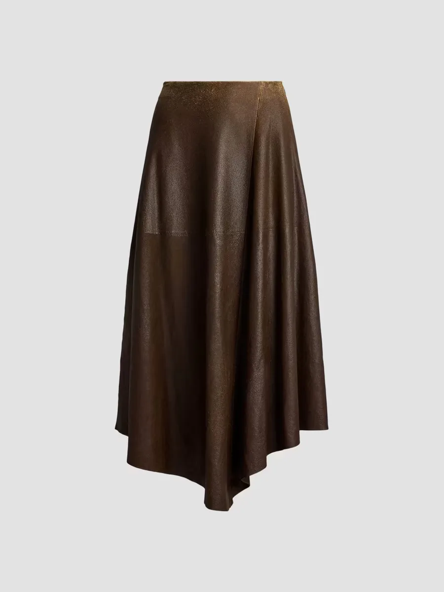 Cecilie Distressed Leather A-Line Midi Skirt by Ralph Lauren