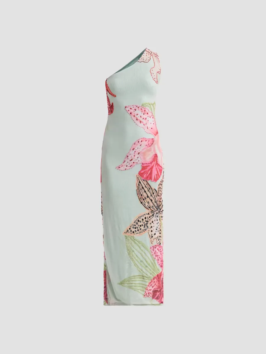Orchid Bloom One-Shoulder Beaded Tulle Maxi Dress by PatBO