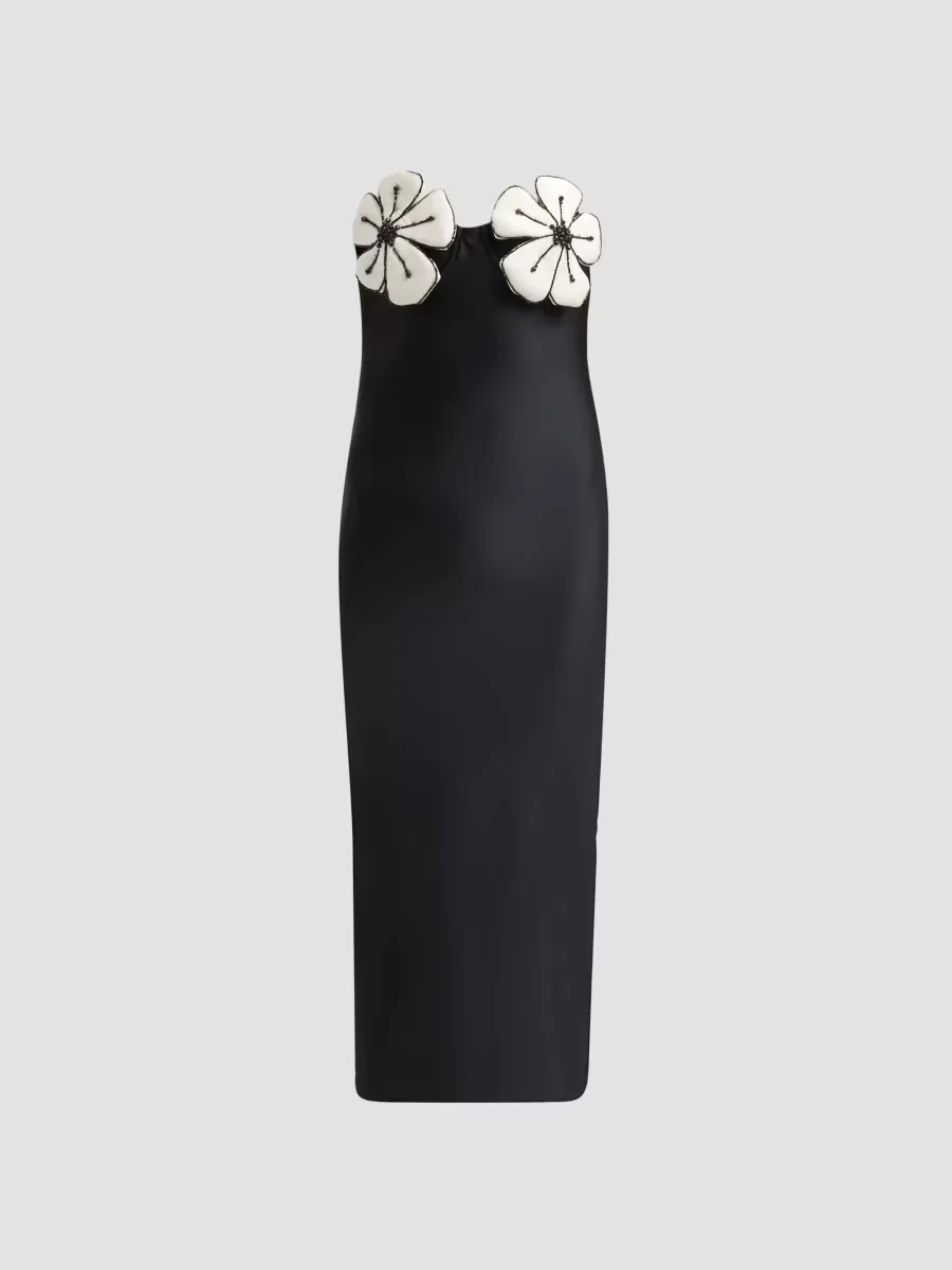 Midnight Bloom Embroidered Floral Strapless Midi Dress