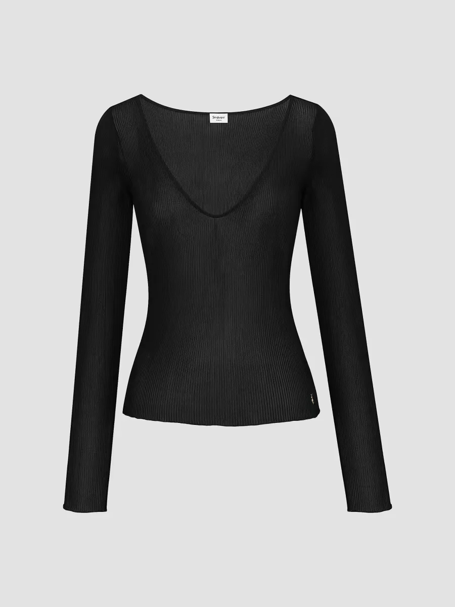 Cassandre V-Neck Top in Ribbed Silk by Saint Laurent