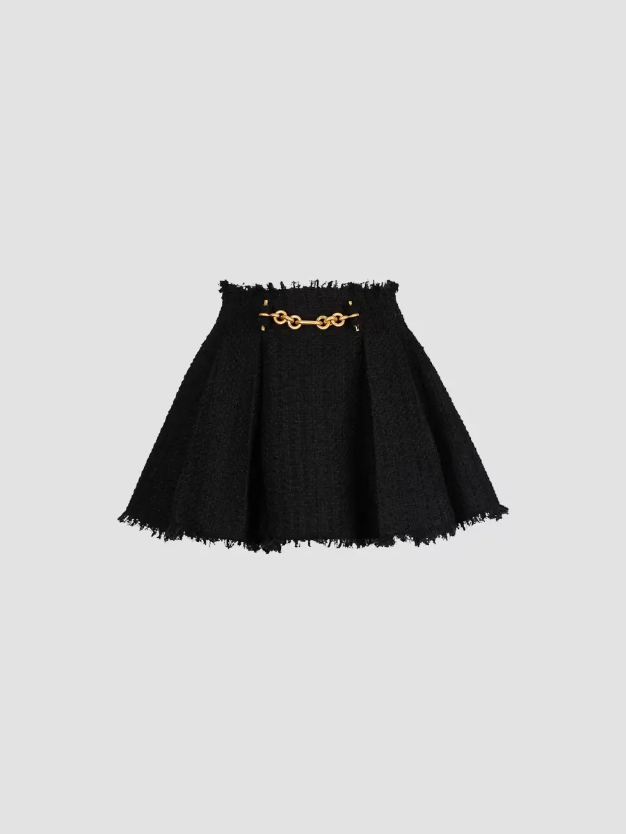 Goldtone Chain-Detailed Tweed Flared Miniskirt