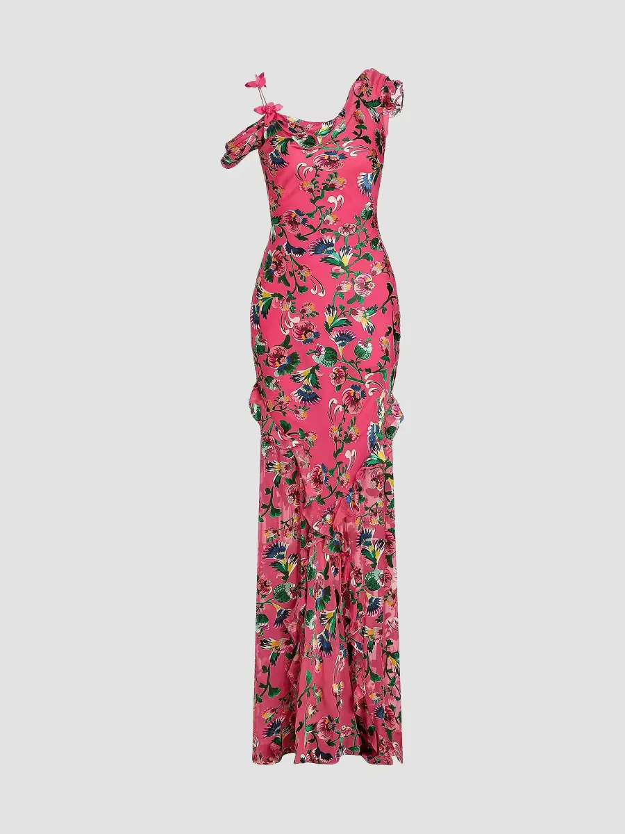 Seema Floral Asymmetric Ruffle Gown by Saloni