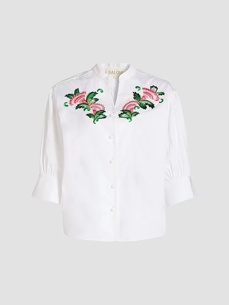 Tavi Floral-Embroidered Button-Front Shirt by Saloni