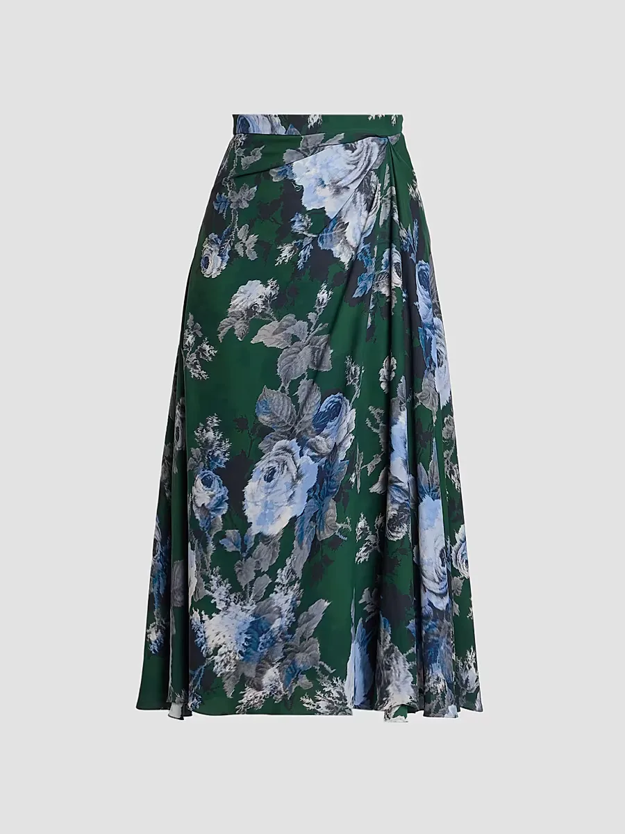 Draped Floral Crepe Midi Skirt by Erdem