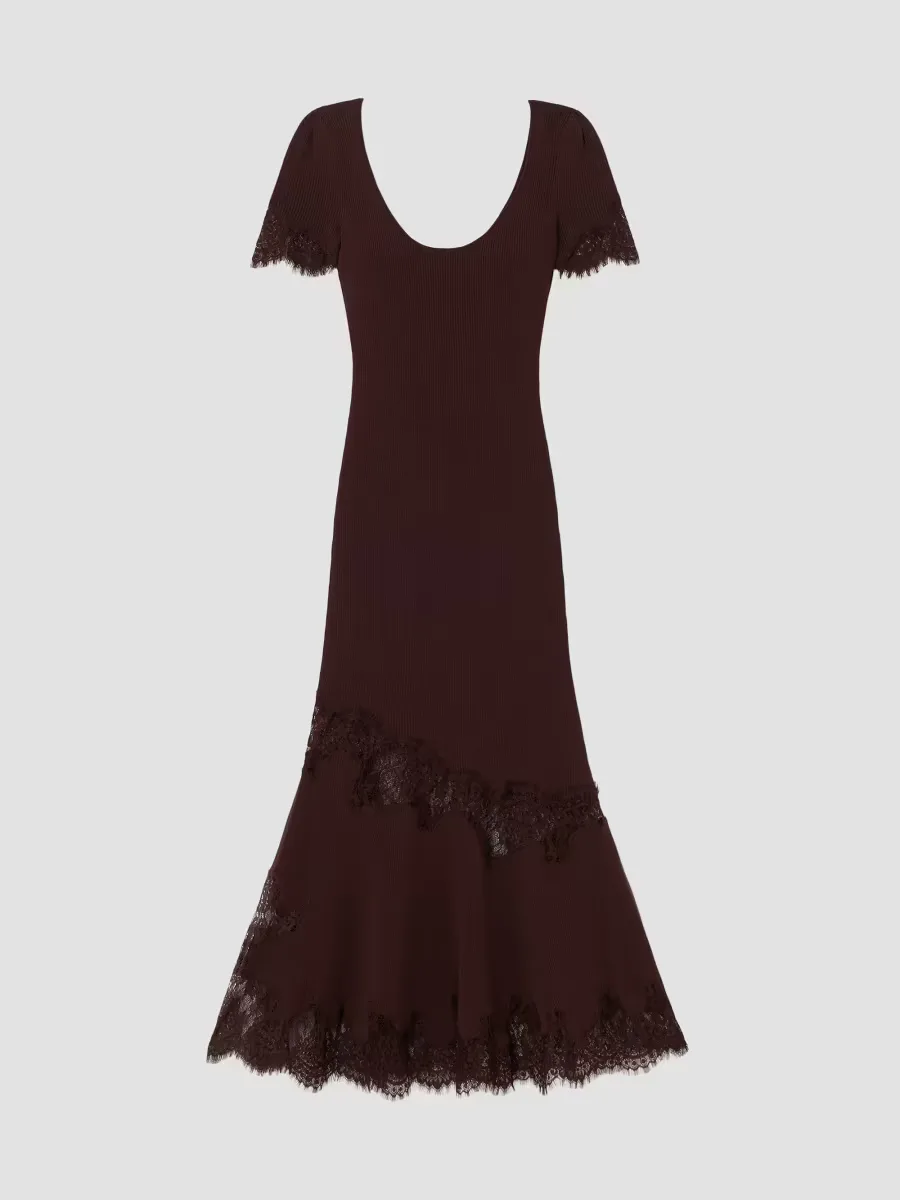 Lace-Trim Rib-Knit Midi Dress