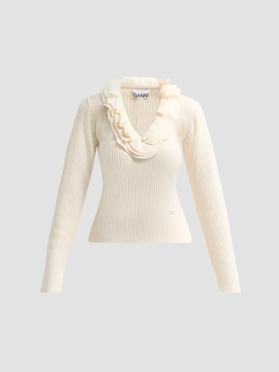 Rib-Knit Merino Wool Frill Long-Sleeve Top