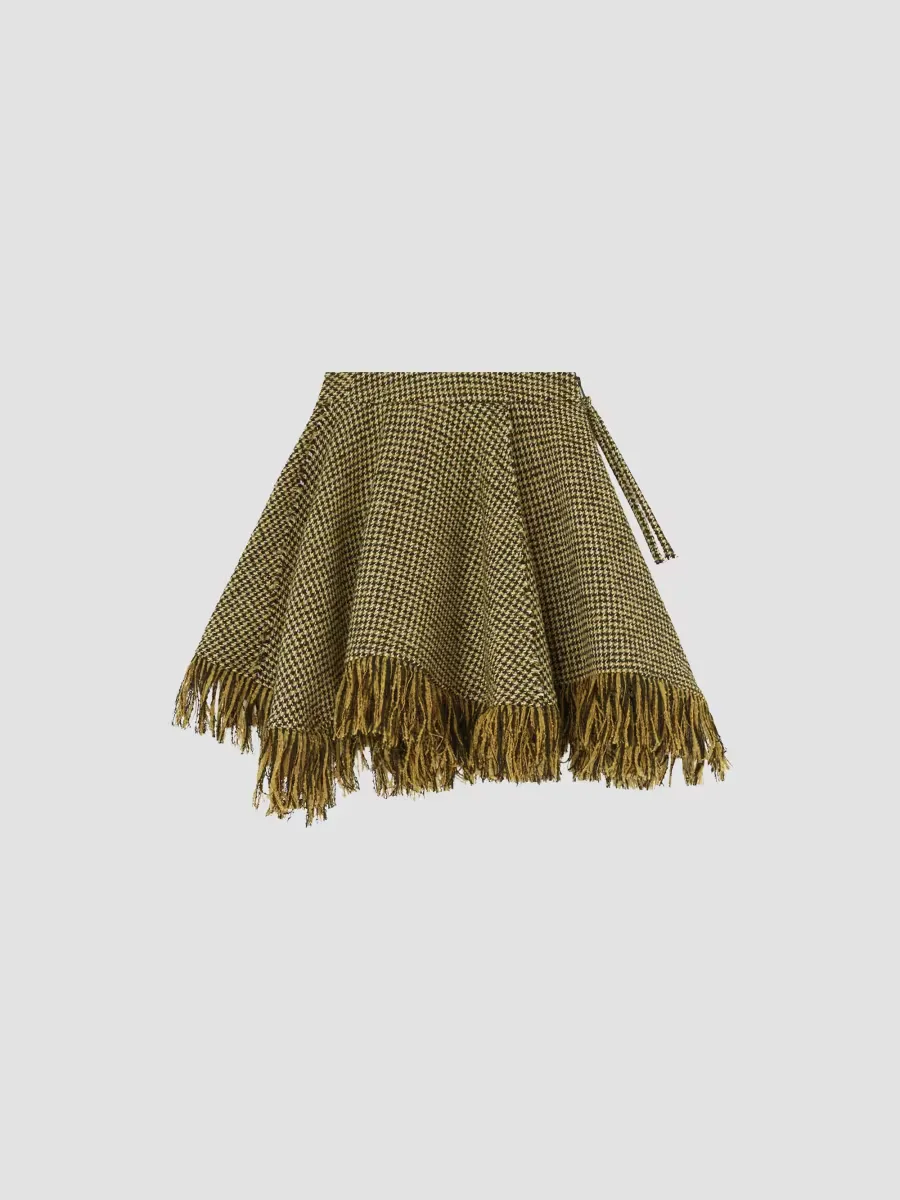 Fringed Houndstooth Asymmetric Mini Skirt by GANNI