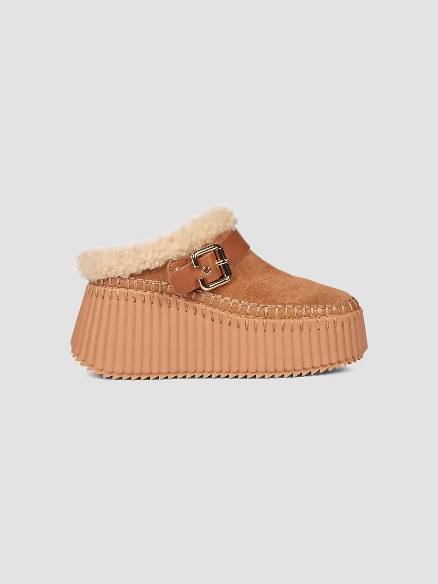 Nama Shearling-Trim Suede Mules by Chloé