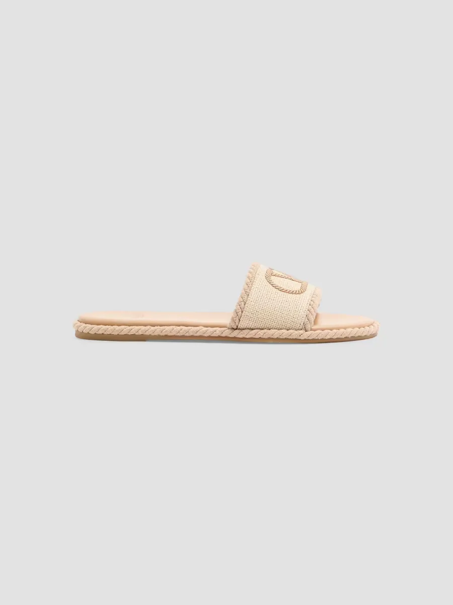 VLogo Torchon Slide Sandals in Linen Canvas by Valentino