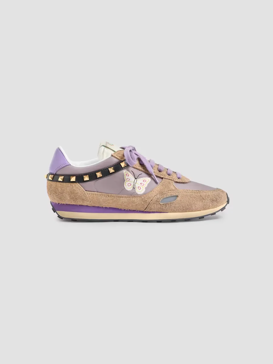 Stud Up Sneakers in Split Leather and Nylon with Butterfly Embroidery by Valentino