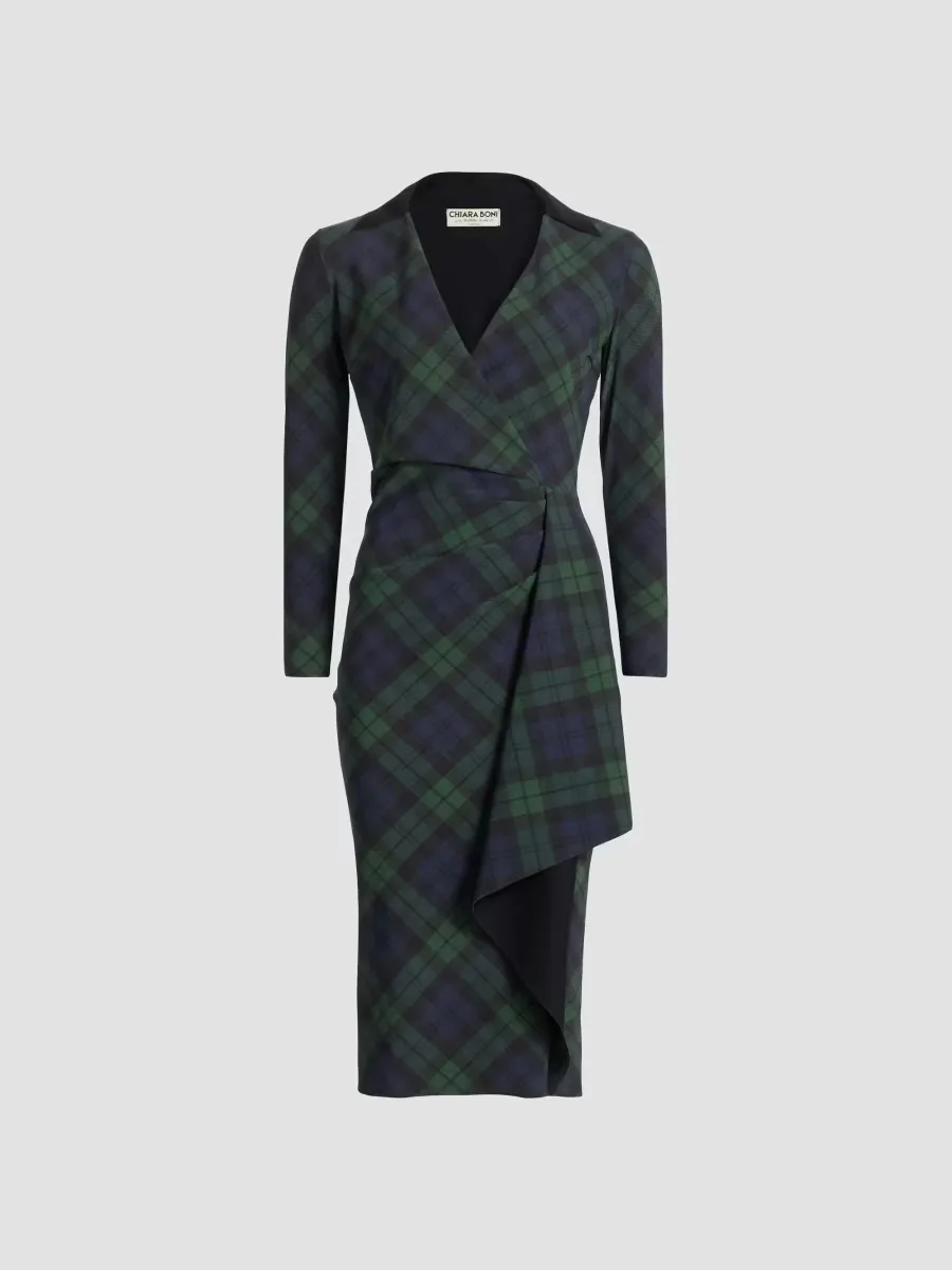 Nevena Plaid Draped Surplice Midi-Dress by Chiara Boni La Petite Robe