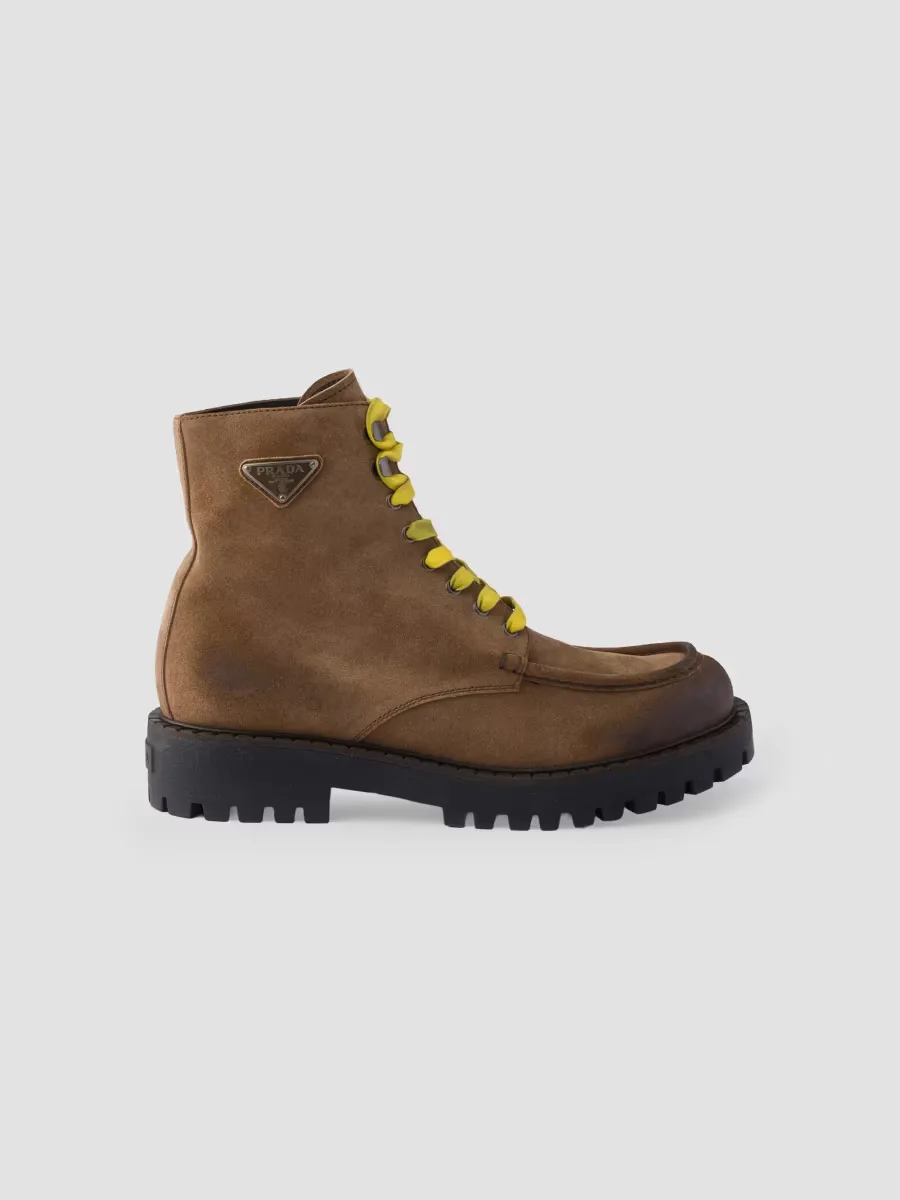 Aged Suede Lace-Up Ankle Boots by Prada