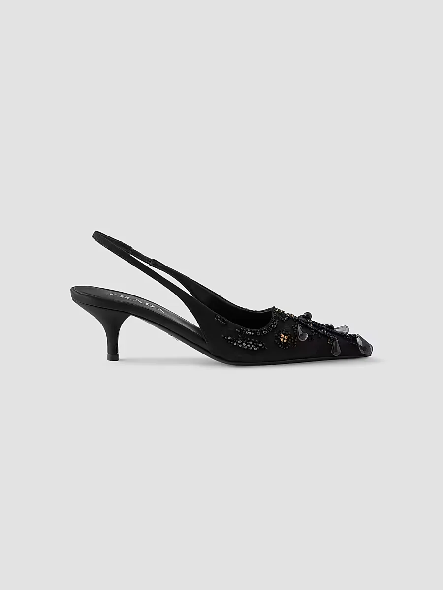 Embroidered Satin Slingback Pumps