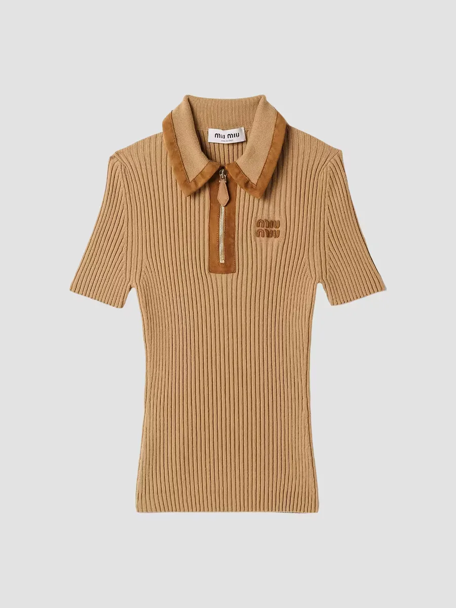 Ribbed Knit Cashmere Polo Sweater by Miu Miu
