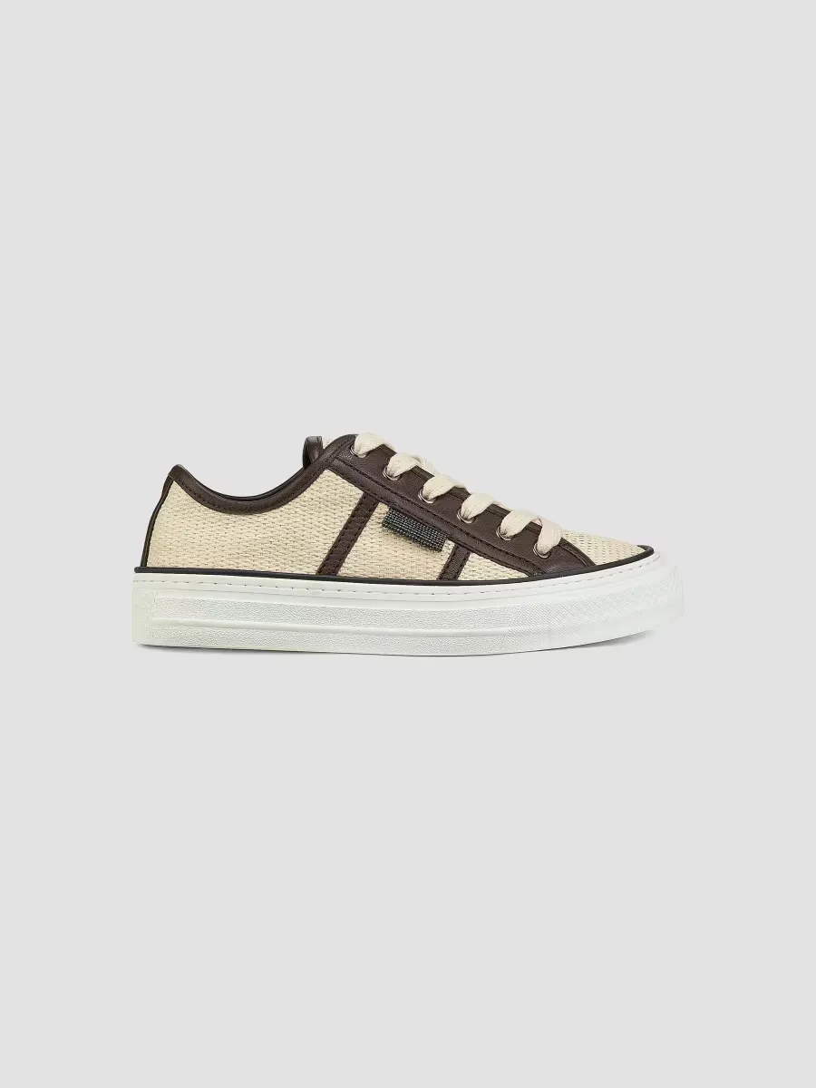 Micro Leather-Trim Raffia Low-Top Sneakers by Brunello Cucinelli