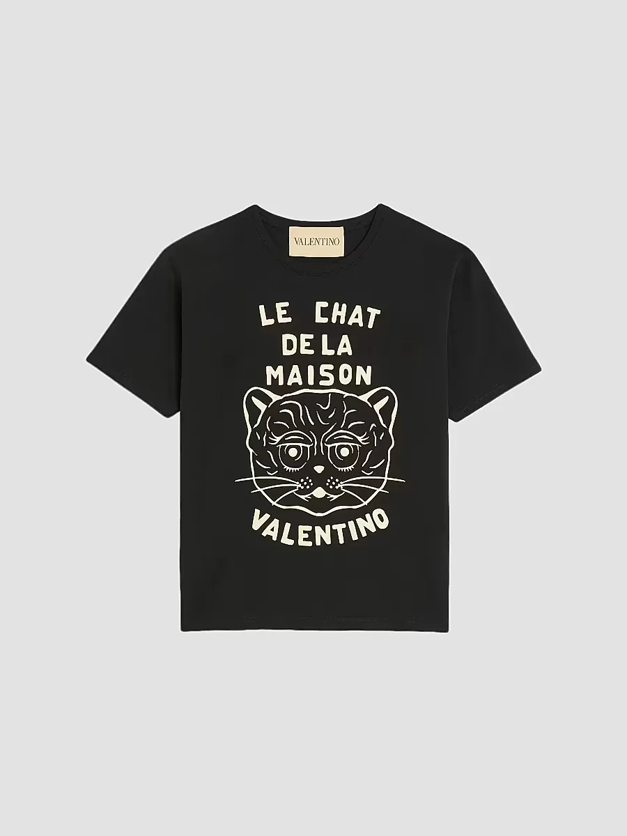 Cotton T-Shirt with Chat De La Maison Print