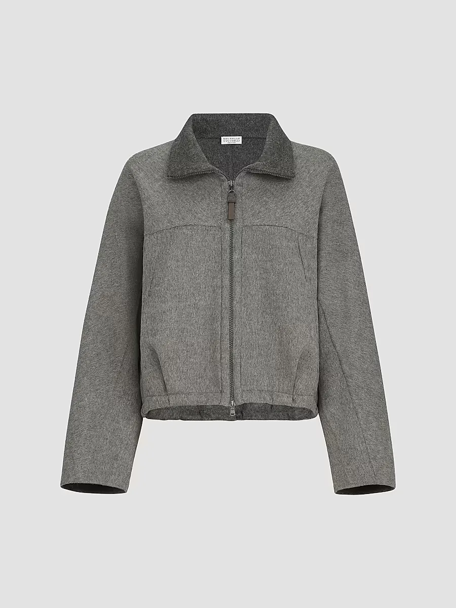 Hand-Crafted Bomber Jacket in Virgin Wool Double Cloth with Shiny Zipper Pull