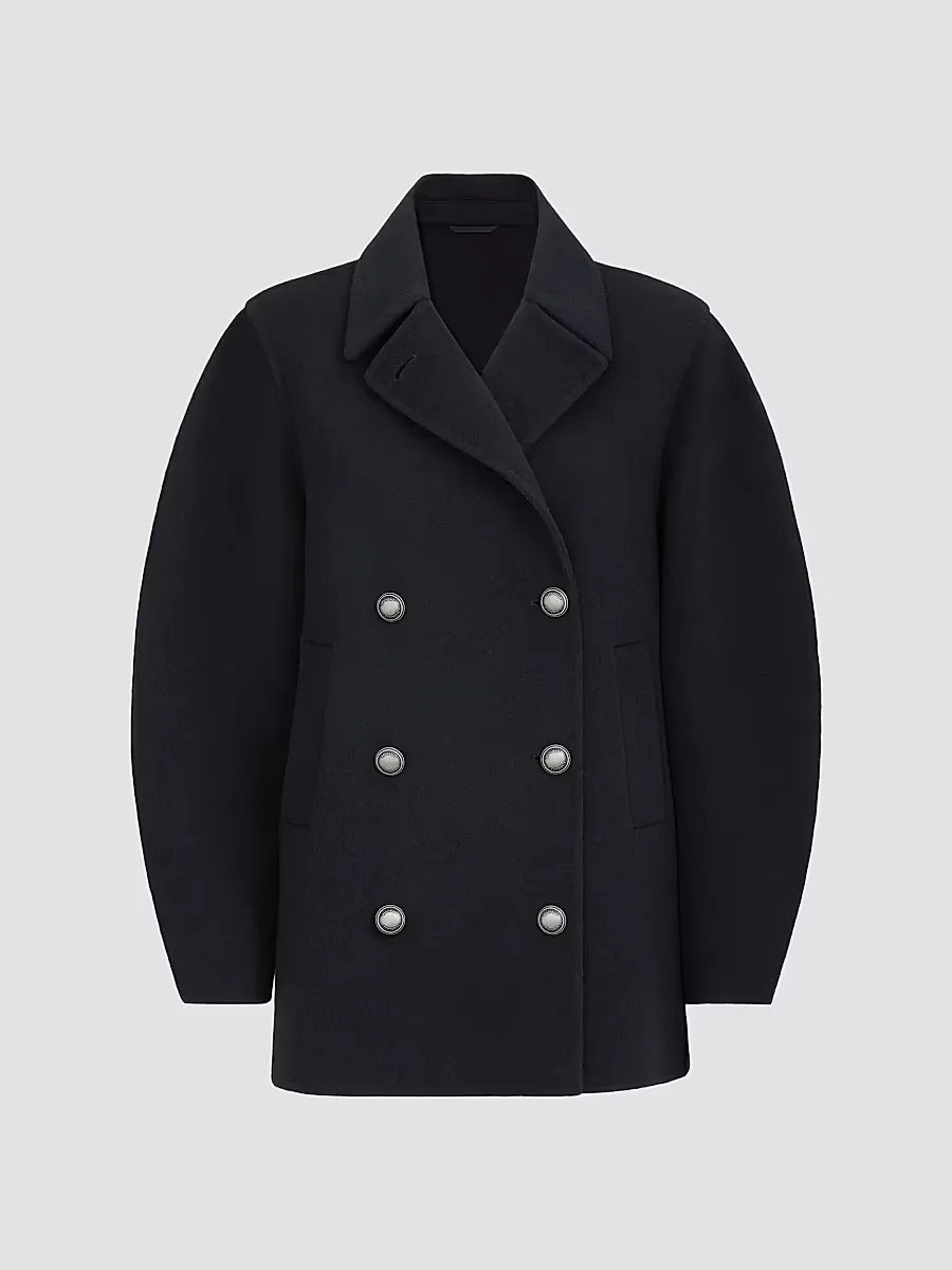 Hand-Crafted Pea Coat in Virgin Wool and Cashmere Double Cloth with Monili