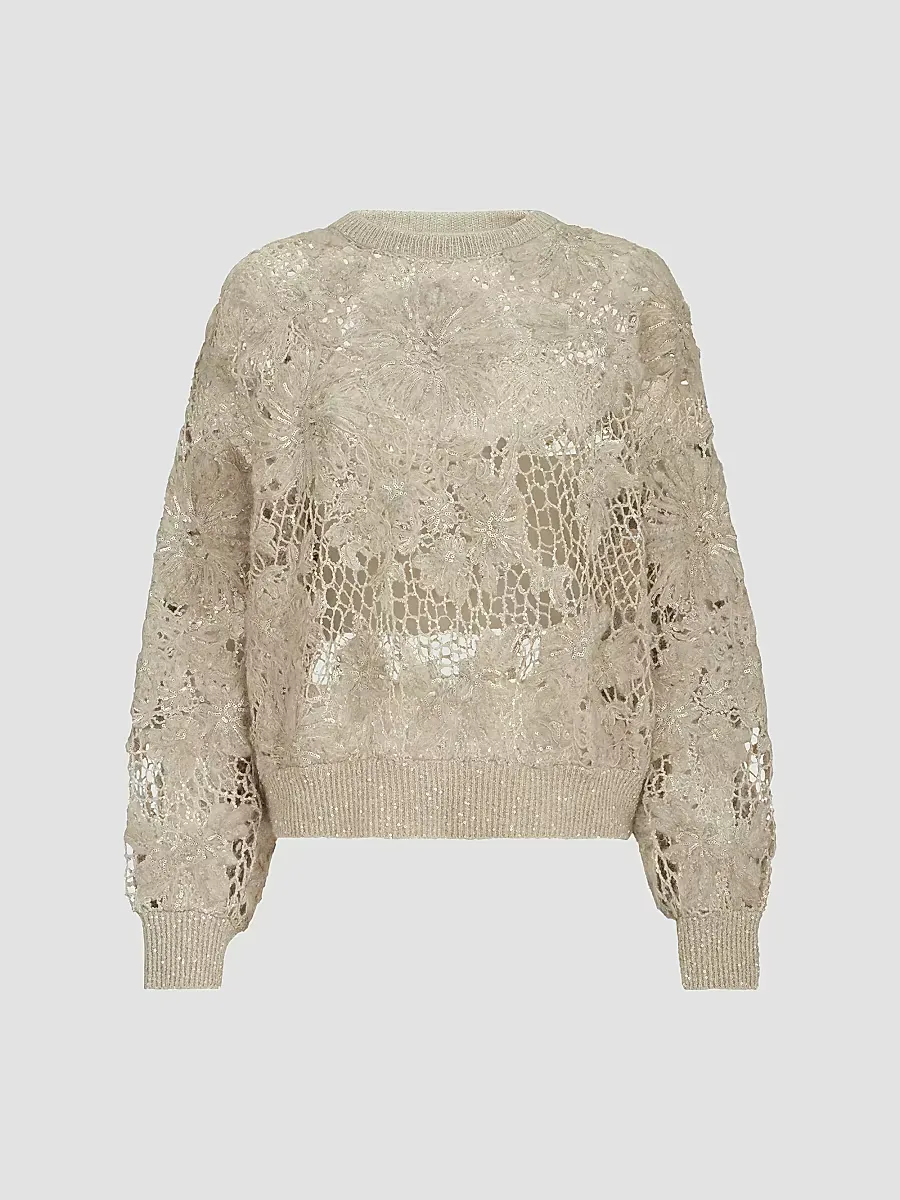 Whispering Bloom Embroidery Sweater in Sparkling Mohair and Wool by Brunello Cucinelli