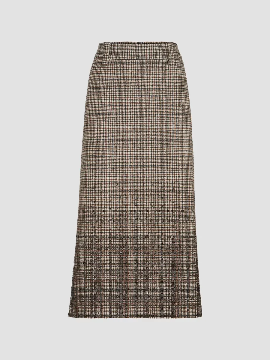 Checked Alpaca and Wool Pencil Skirt with Dazzling Degrad Embroidery