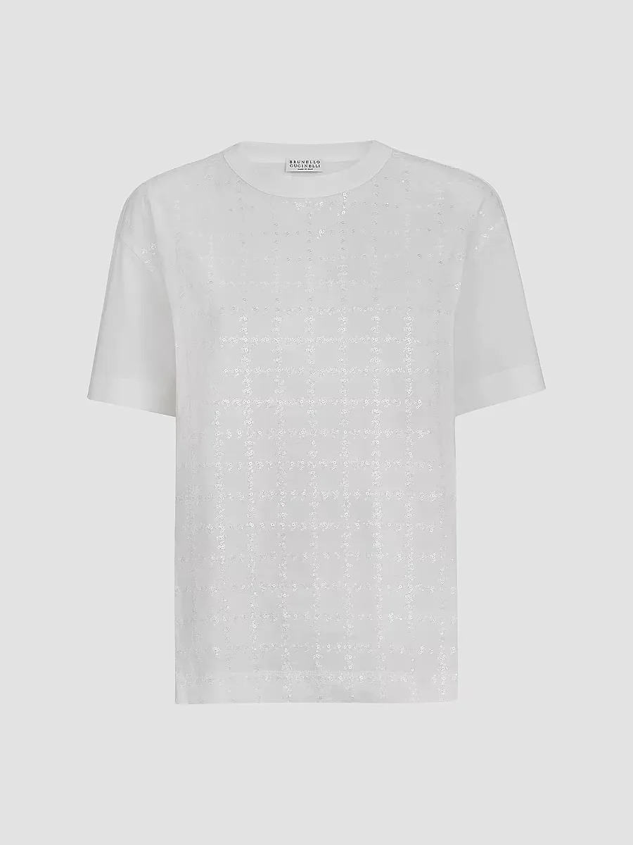Cotton Jersey T-Shirt with Dazzling Windowpane Embroidery by Brunello Cucinelli