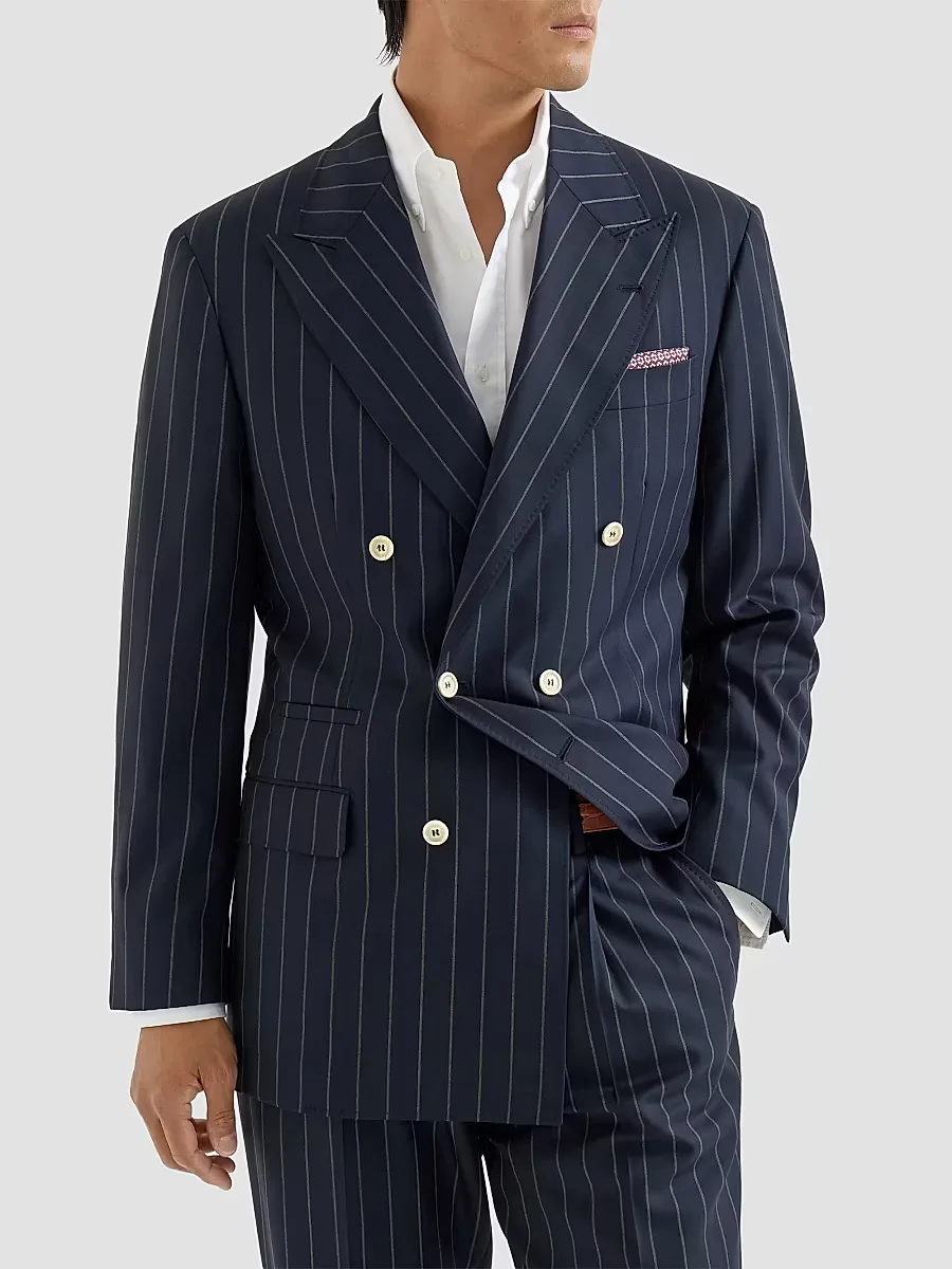 Virgin Wool Wide Chalk Stripe Batavia One and a Half Breasted Tailor Blazer by Brunello Cucinelli