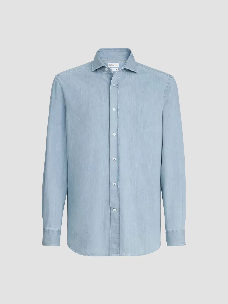 Lightweight Denim Shirt with Spread Collar by Brunello Cucinelli